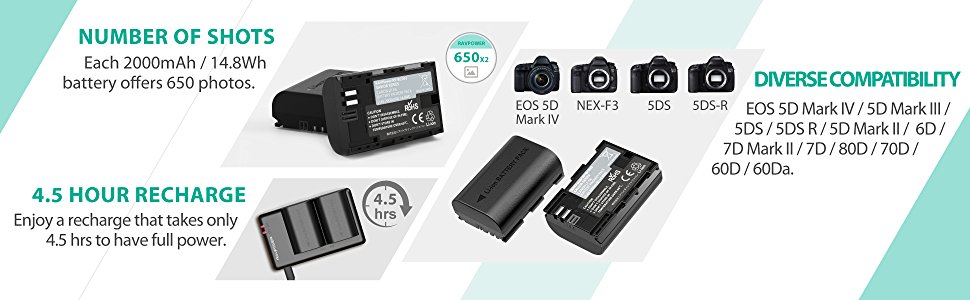 Bộ 2 pin sạc RAVPower RP-BC003 cung cấp năng lượng cho máy ảnh Canon của bạn chụp hàng ngàn shot ảnh.